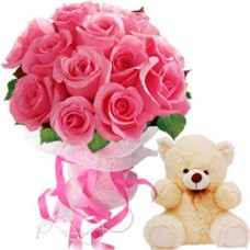 Bunch of Twelve Pink Roses and Cute Teddy Bear